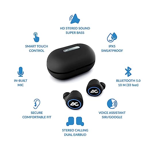 Auxtron AirBolt 505 True Wireless (TWS) Earbuds - Bluetooth 5.0, Full Touch Earphones, IPX5 Water Resistant, HD Stereo Sound, High Bass, InBuilt MIC, Upto 36 Hours Playtime with Charging Case (Blue + Black) Auxtron AirBolt 505 True Wireless (TWS) Earbuds - Bluetooth 5.0, Full Touch Earphones, IPX5 Water Resistant, HD Stereo Sound, High Bass, InBuilt MIC, Upto 36 Hours Playtime with Charging Case (Blue + Black)